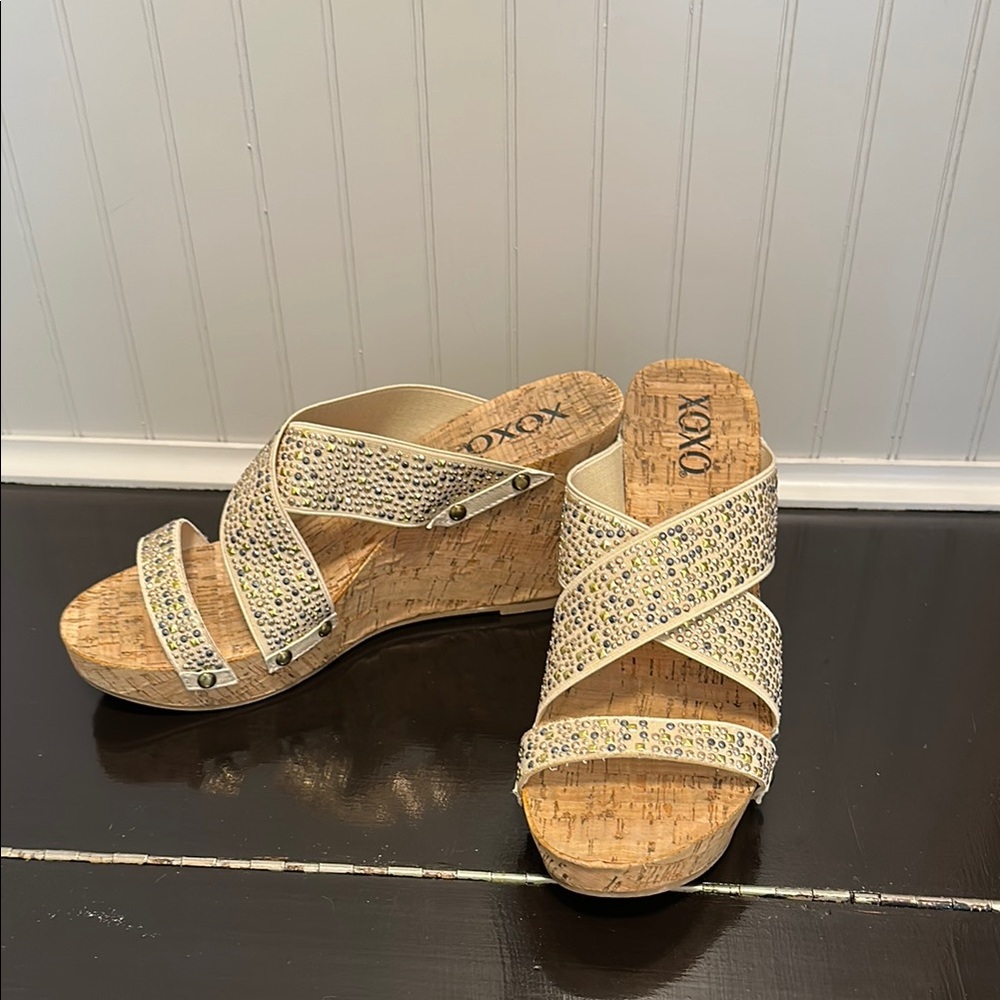 XOXO Cream Wedge Sandals with Crisscross Straps